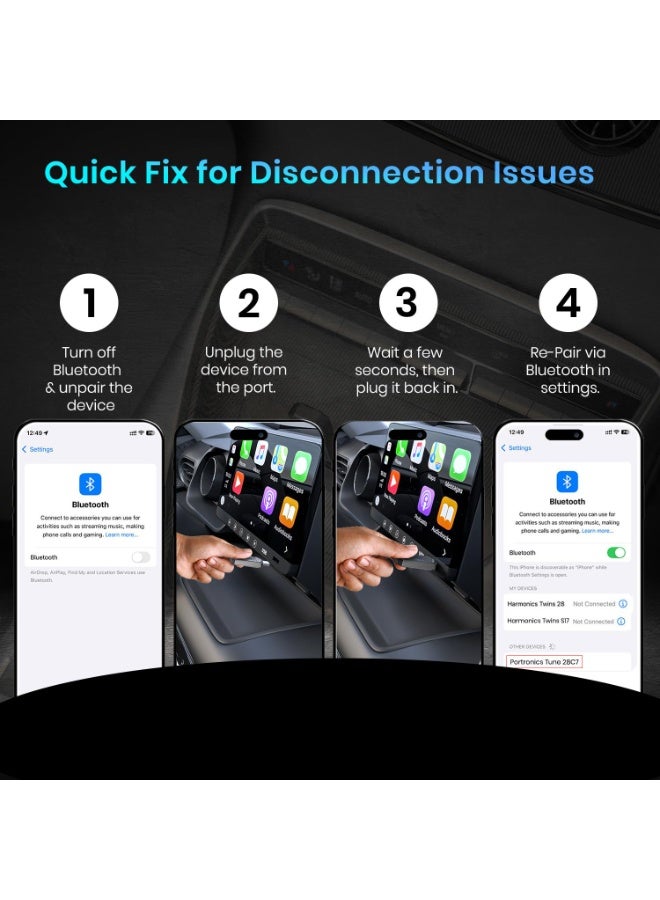 بورترونيكس Portronics Tune, 2-in-1 Wireless Car Receiver, Converts Wired Auto Android & CarPlay to Wireless, Bluetooth Connectivity, Only for Cars with OEM Installed Wired Android Auto/CarPlay, 6 Months Warranty - Image 4